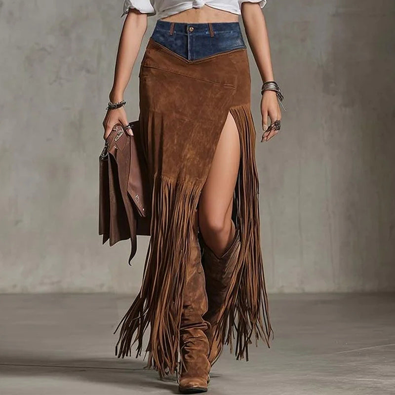 Denim-Waist Fringe Maxi 1