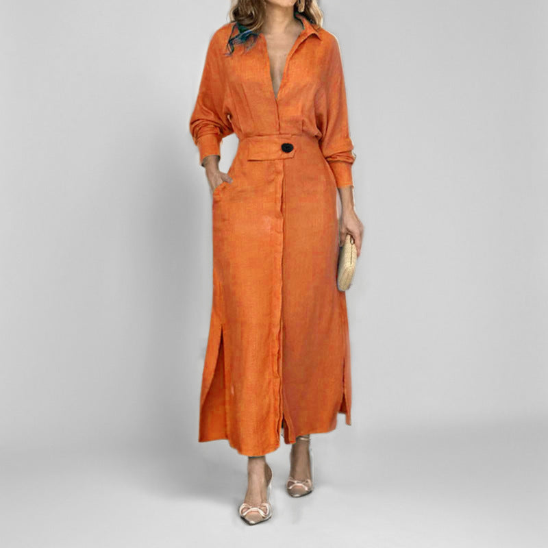 Tied Solid Color Long-sleeved Shirt Dress 3