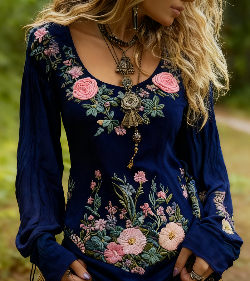 Navy Rose-Appliqué Blouse 1