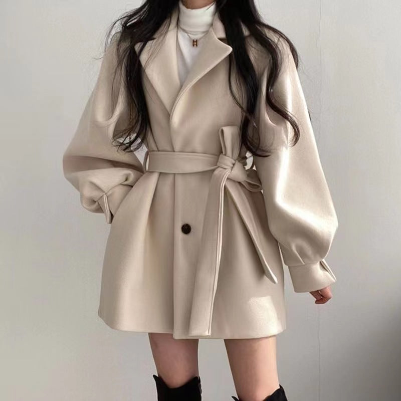 Cream Lantern-Sleeve Belted Coat 1
