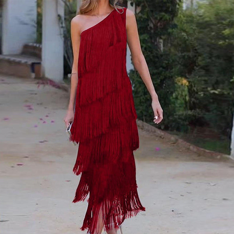 Burgundy Tiered-Fringe Midi 1