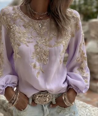 Lilac Gold Rose Embroidery Puff Top 1