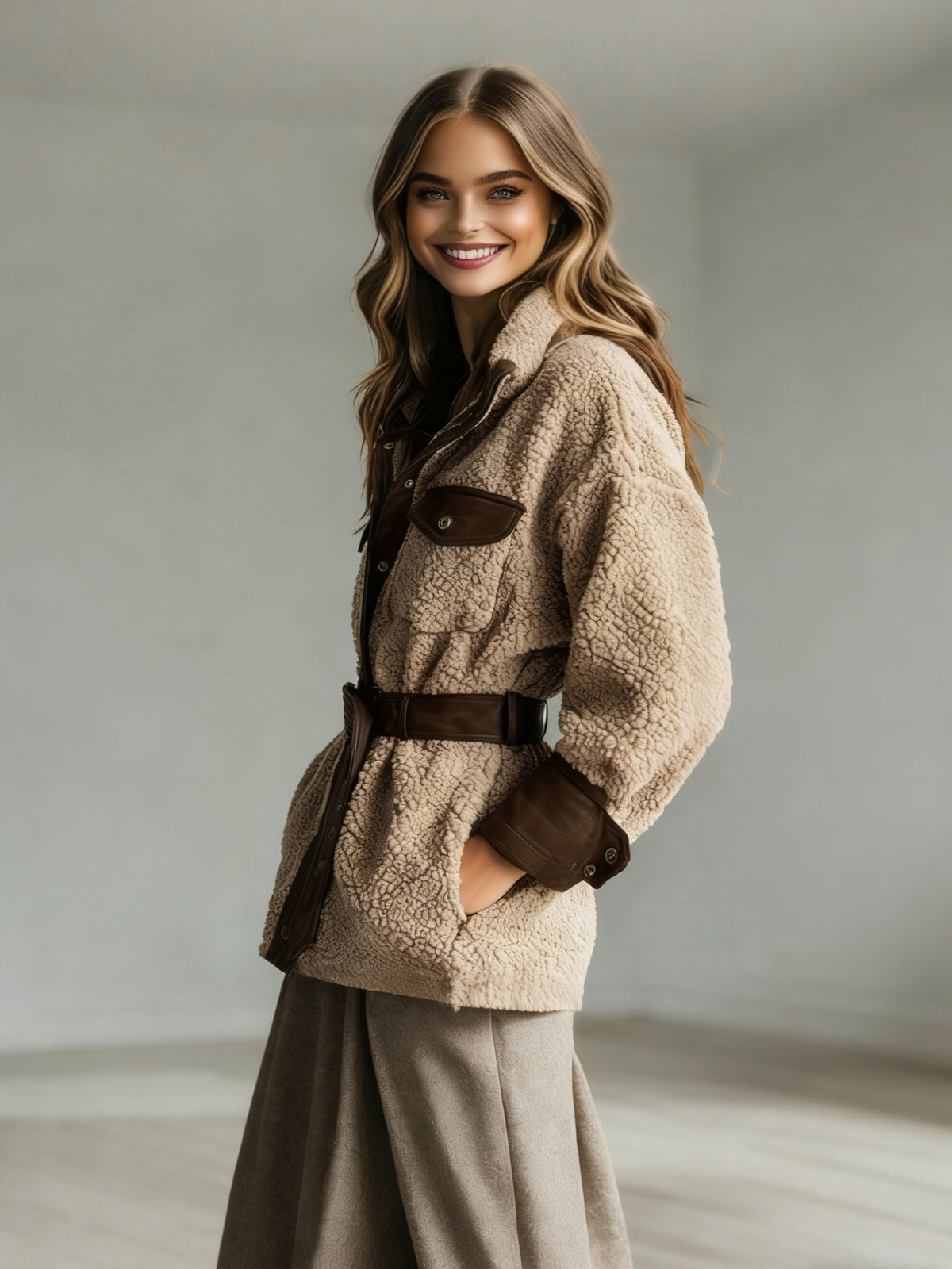 Beige belted sherpa shirt jacket