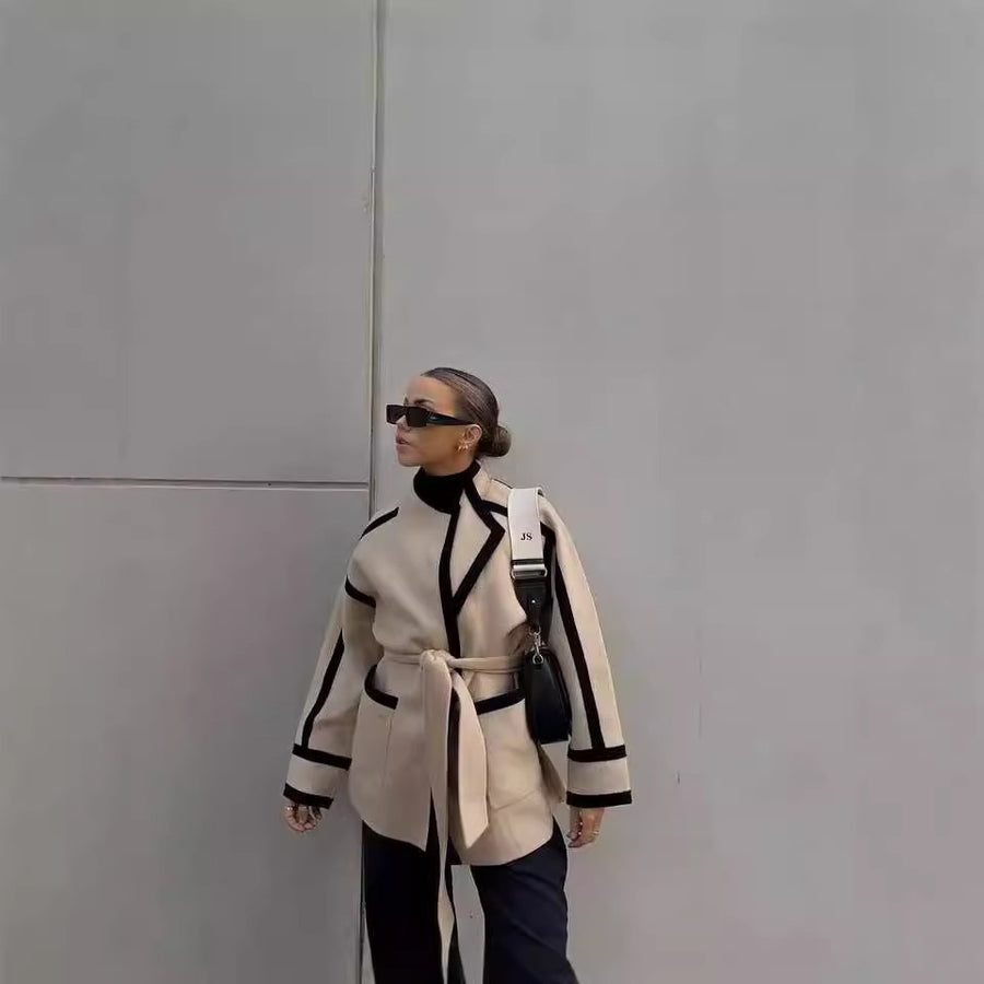 Contrast Trim Belted Coat 1