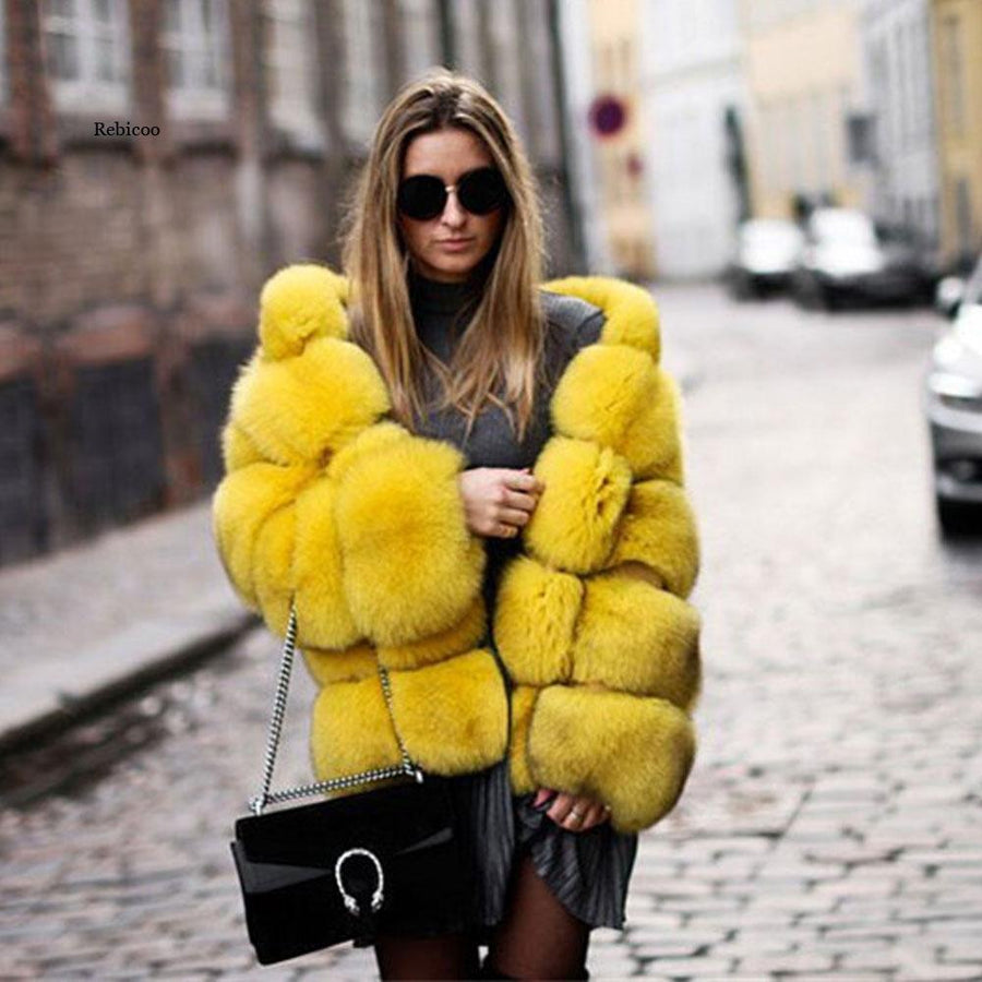 Yellow Bubble-Tier Faux Fur Coat 1