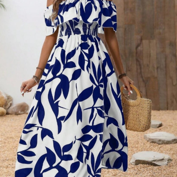 Botanical Off-Shoulder Split Dress 1