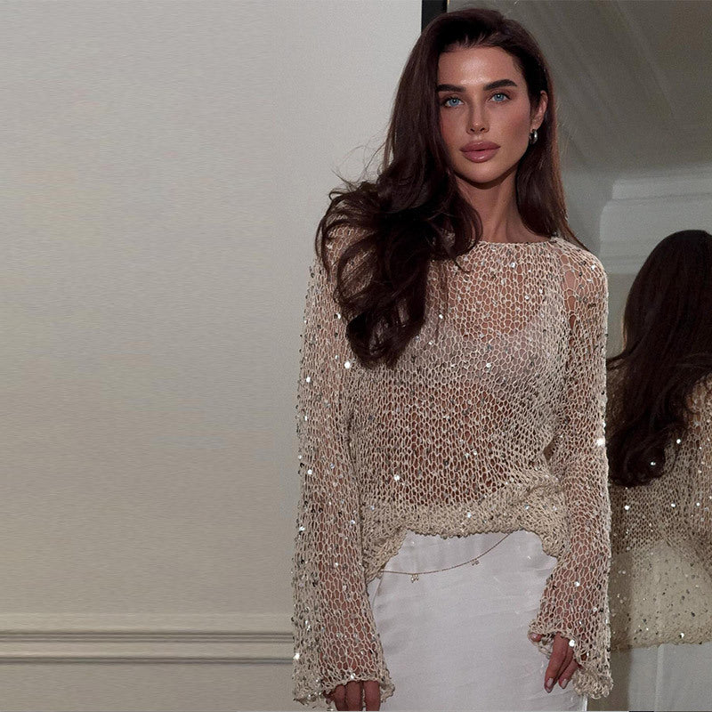 Sequin Open-Knit Pullover 1