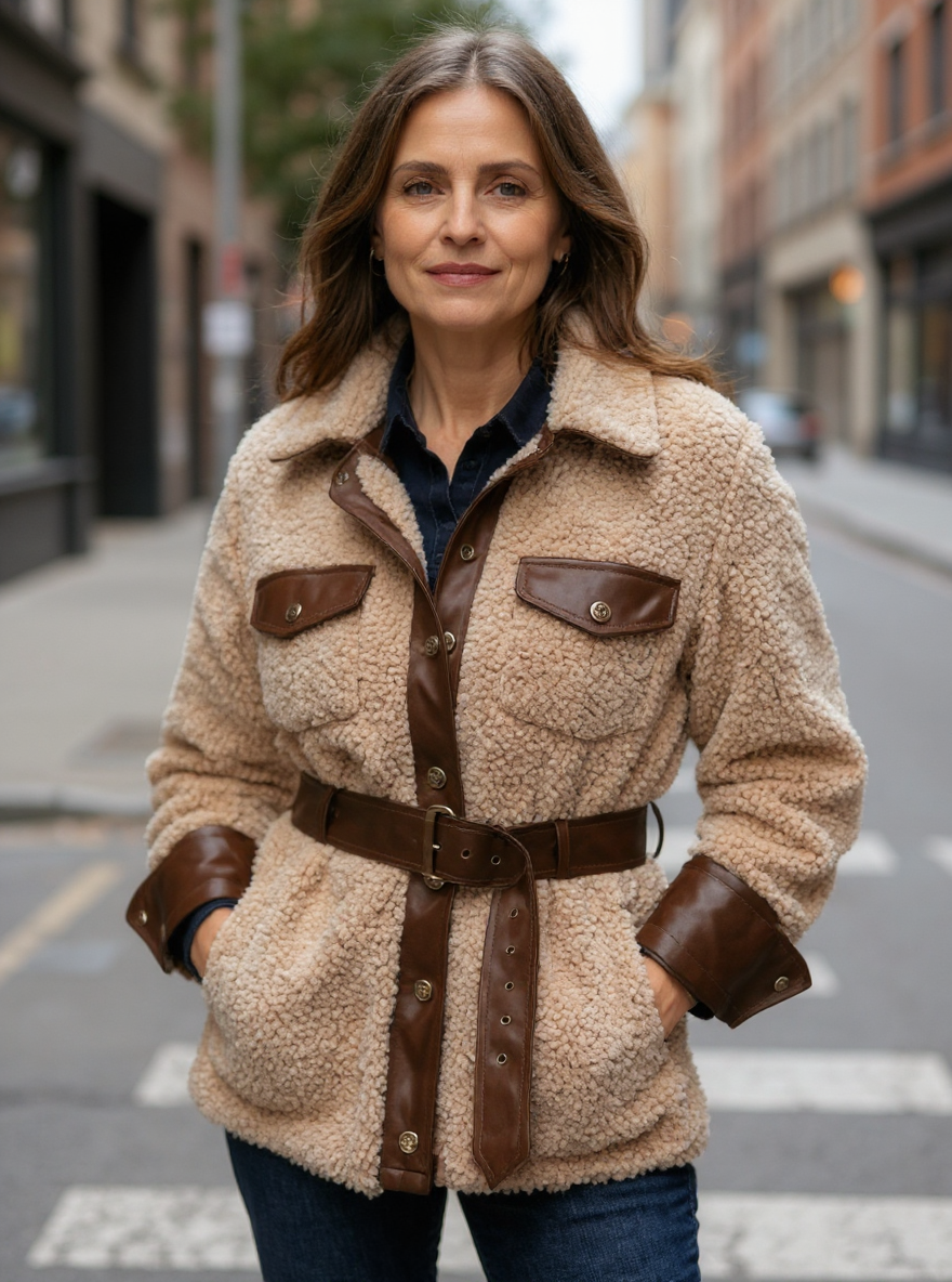 Belted beige sherpa shirt jacket, worn
